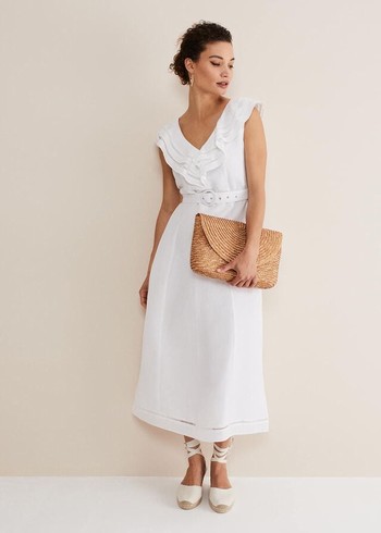 Phase Eight Julieta Linen Ruffle Broderie Dress White USA | 1365748-SU